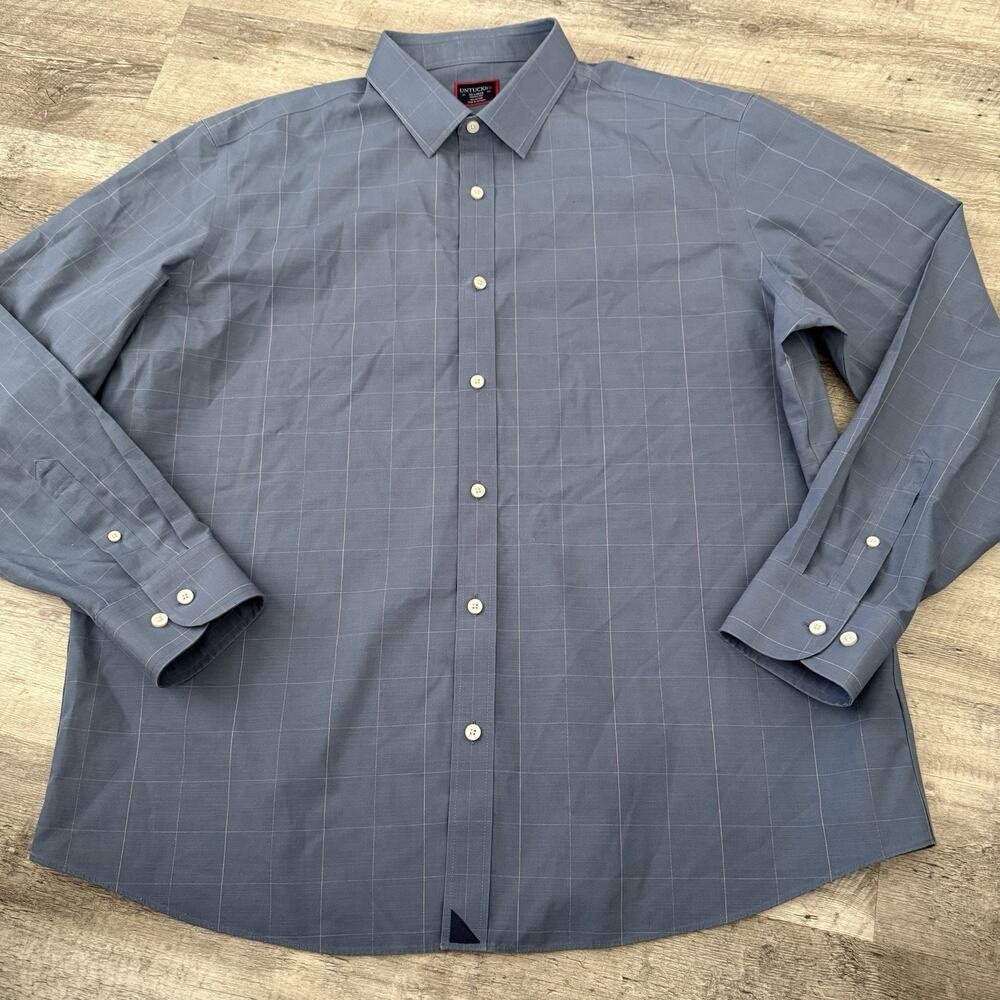 Untuckit Shirt Mens XXL Button Up Baracci Blue Check 100% Cotton Wrinkle Free